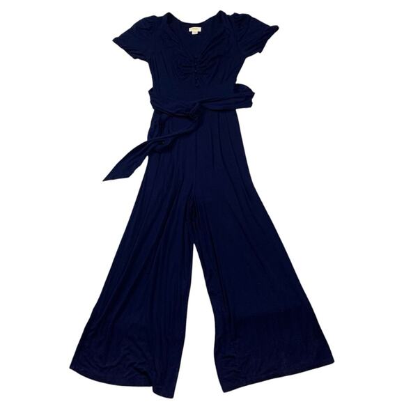 Maeve women's medium Anthropologie Blue Wrap-Style Jumpsuit crop Wide-Leg Pants - Picture 3 of 12